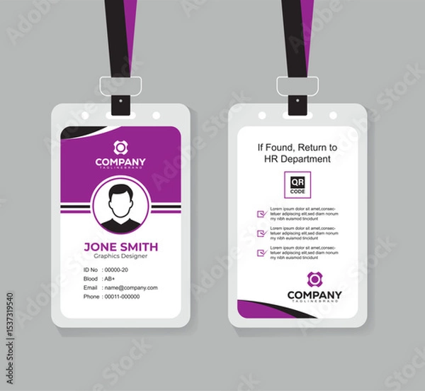 Fototapeta Clean and Professional ID Card Design Vector Template  with QR Code for Staff and Business Use 