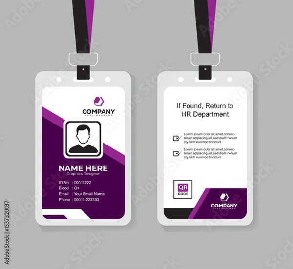 Fototapeta Clean and Professional ID Card Design Vector Template  with QR Code for Staff and Business Use 