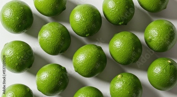 Obraz Fresh, vibrant green limes arranged in a neat pattern on a white background