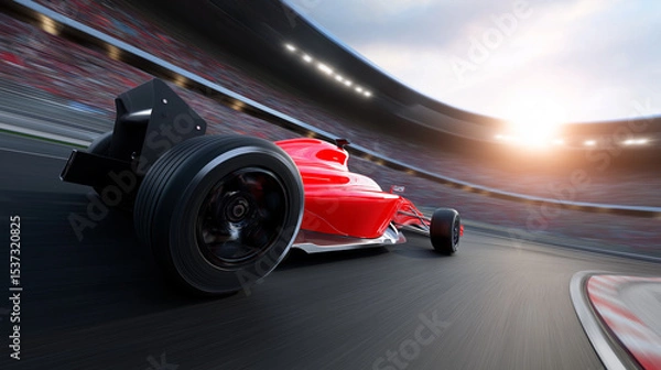 Fototapeta Formula 1 race car speeding on track during sunset in high-performance motion.
