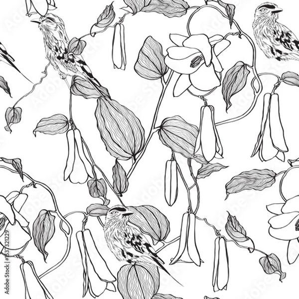 Obraz Botanical seamless pattern, various lapageria flowers, lilac breasted Roller bird and leaves.