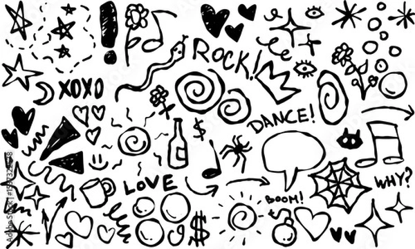 Obraz Doodle handdrawn design with music, hearts, stars, and fun sketch elements. Ideal for decoration and backgrounds.