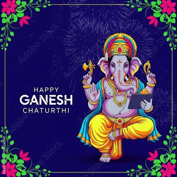 Obraz Happy ganesh chaturthi celebration with lord ganesha and fireworks
