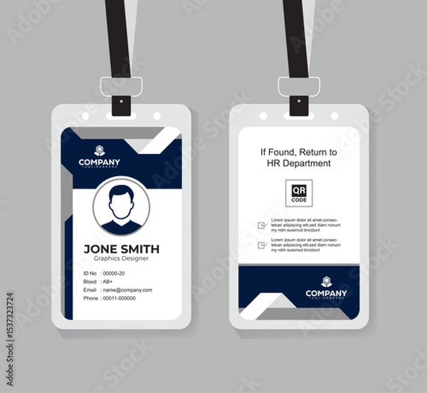 Obraz Modern Navy Blue and White ID Card Design Template with QR Code for Company Staff and Employee