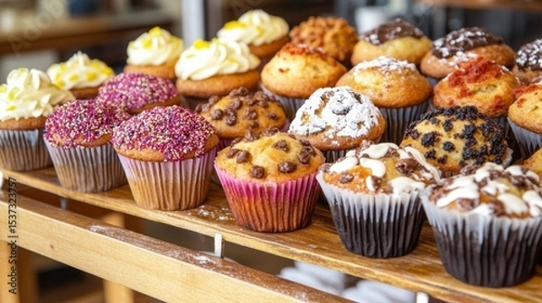Fototapeta Vibrant bakery treats featuring sprinkled, chocolate-studded, sugar-dusted cupcakes and muffins arranged attractively on rustic wooden shelving, enticing sweet-loving customers