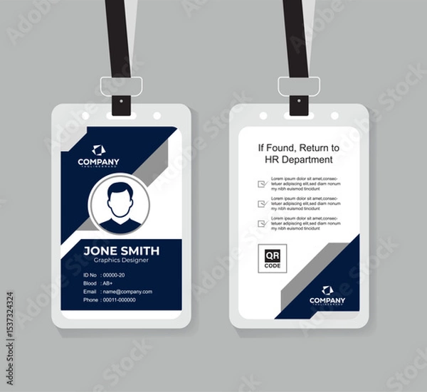 Obraz Modern Navy Blue and White ID Card Design Template with QR Code for Company Staff and Employee