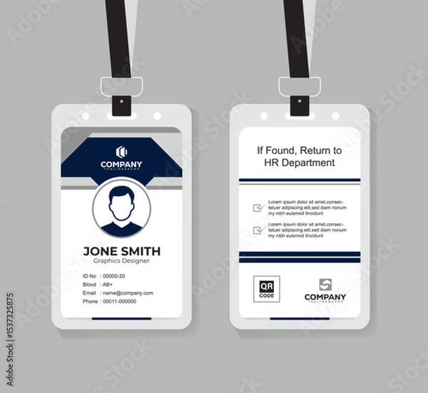 Obraz Modern Navy Blue and White ID Card Design Template with QR Code for Company Staff and Employee