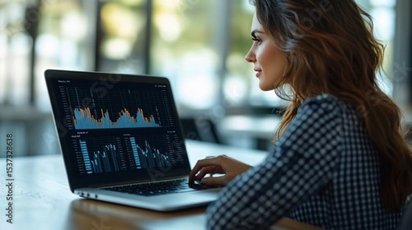 Obraz Woman analyzing data on a laptop.  Modern office setting