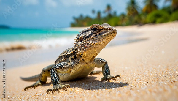 Fototapeta Green scales of an iguana on a sandy beach capture its wild nature