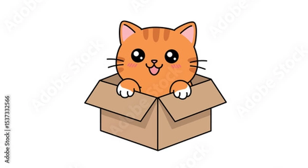 Fototapeta Cute cartoon cat popping out of a box with happy expression vector illustration