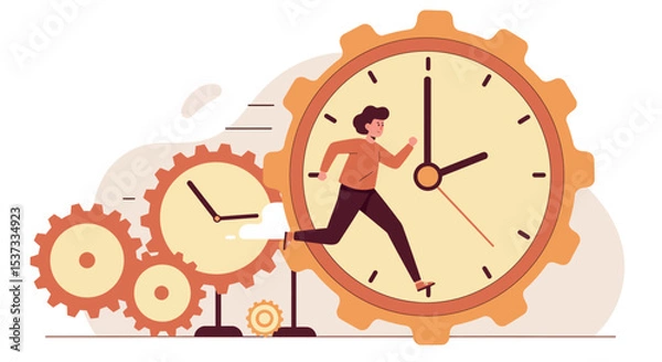 Fototapeta Time management and productivity concept illustration with clocks and gears vector illustration