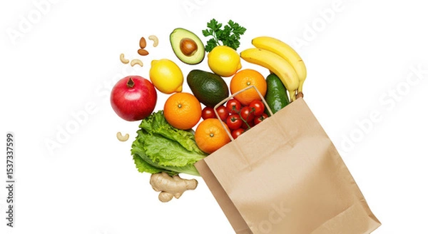 Fototapeta A vibrant array of fresh fruits and vegetables spills from a brown paper bag, isolated on transparent background