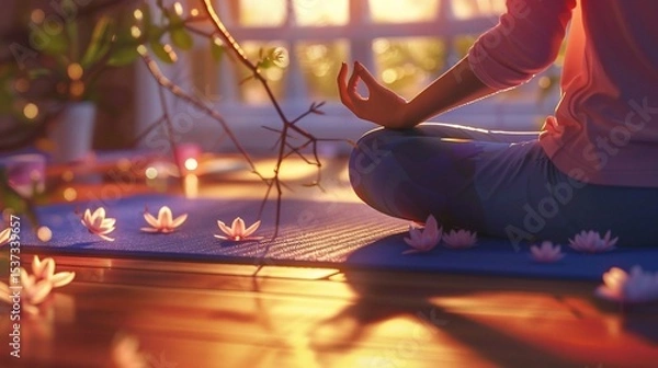 Obraz Woman meditating in lotus pose, surrounded by nature's gentle glow.  Sunrise through window, peaceful ambiance