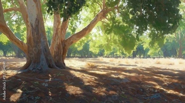 Fototapeta Painting of a large tree in the middle of a field. the tree has a thick trunk and a large canopy of green leaves. the leaves are spread out in all directions, creating a canopy over the tree.
