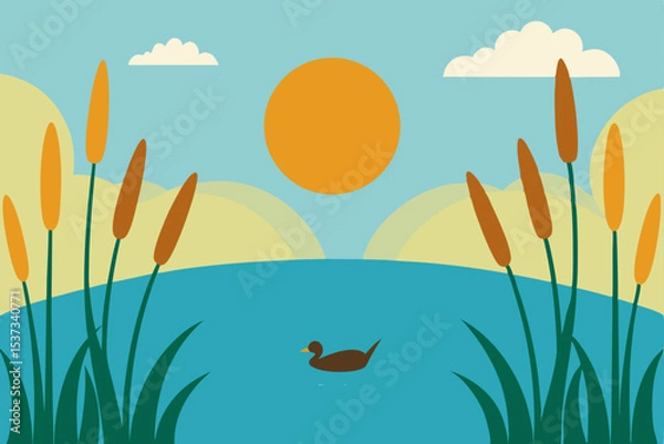 Fototapeta Serene Sunset A Tranquil Duck on a Calm Lake, Surrounded by Cattails