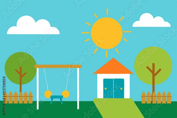 Fototapeta Sunny Day Playground Kids' Swing Set Fun in a Colorful Backyard