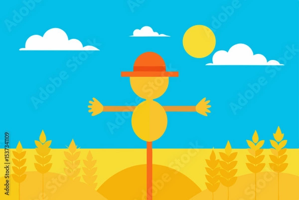 Fototapeta Friendly Scarecrow in Wheat Field A Sunny Day Illustration