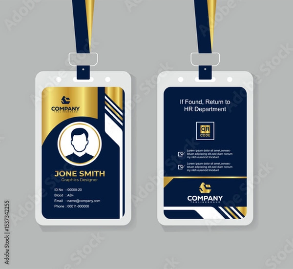 Obraz Modern Navy Blue White and Gold Office ID Card Design with QR Code for Company Staff and Employee