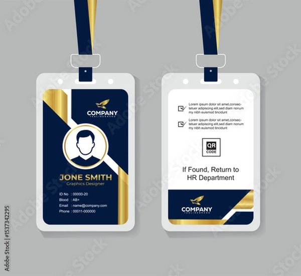 Obraz Modern Navy Blue White and Gold Office ID Card Design with QR Code for Company Staff and Employee