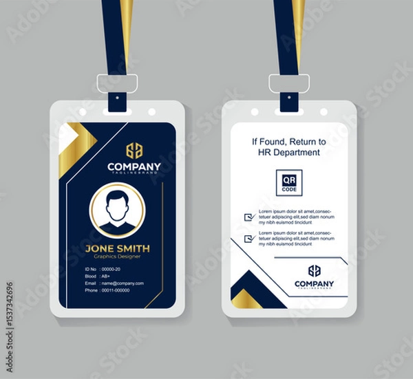 Obraz Modern Navy Blue White and Gold Office ID Card Design with QR Code for Company Staff and Employee