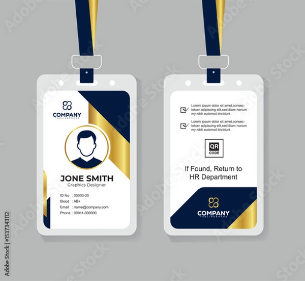Obraz Modern Navy Blue White and Gold Office ID Card Design with QR Code for Company Staff and Employee
