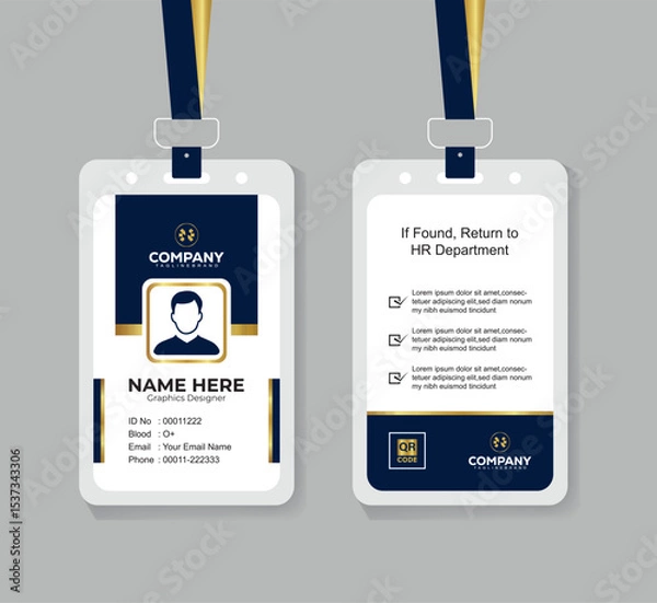 Obraz Modern Navy Blue White and Gold Office ID Card Design with QR Code for Company Staff and Employee