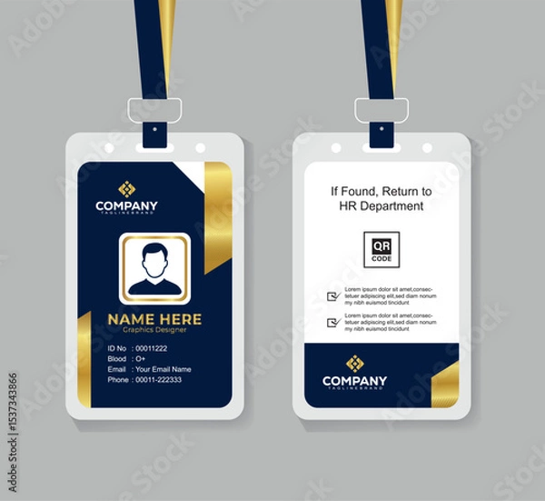 Obraz Modern Navy Blue White and Gold Office ID Card Design with QR Code for Company Staff and Employee