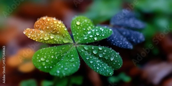 Fototapeta Macro Shot of Four Leaf Clover With Water Droplets, Symbolizing Luck and Irish Heritage