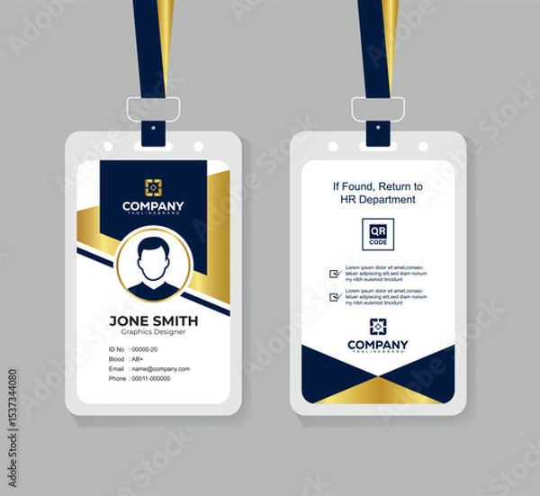 Obraz Modern Navy Blue White and Gold Office ID Card Design with QR Code for Company Staff and Employee