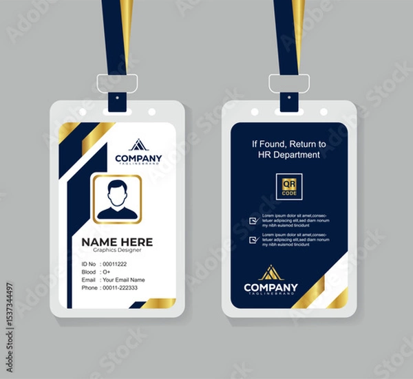 Obraz Modern Navy Blue White and Gold Office ID Card Design with QR Code for Company Staff and Employee