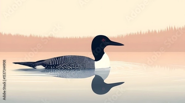 Fototapeta Detailed Vector Artwork Showcasing the Graceful Common Loon Bird in a Serene Water Environment with Minimalist, Organic Aesthetic