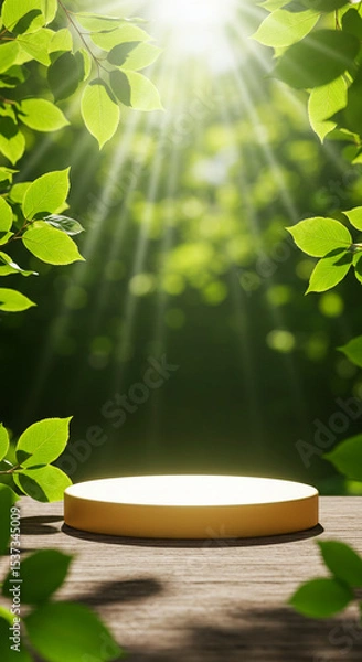 Fototapeta Empty Round Platform on Lush Grass with Beaming Sunshine. A modern, clean, and minimalist 3D product display podium. perfect for social media story. Virticle image.