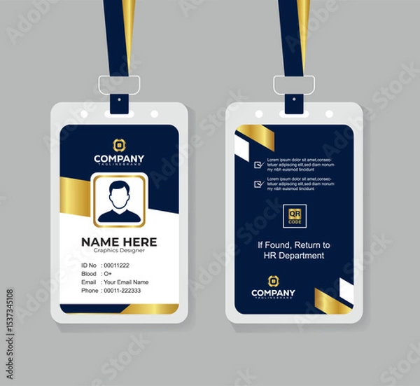 Obraz Modern Navy Blue White and Gold Office ID Card Design with QR Code for Company Staff and Employee