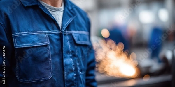 Fototapeta Close Up of Welder in Blue Uniform With Sparks Flying, Representing Industrial Safety and Precision