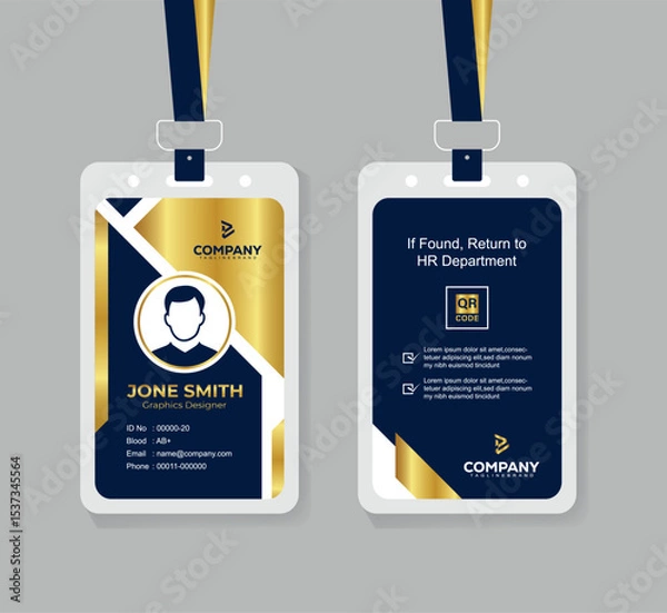 Obraz Premium Navy Blue and Gold ID Card Template with QR Code for Corporate Employees and Staff Identity