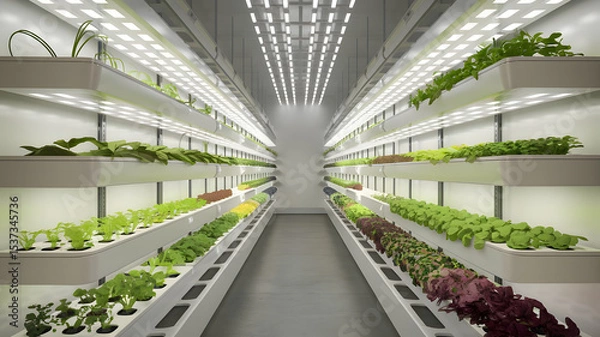 Obraz A conceptual indoor vertical farming unit for apartments with LED light panels and hydroponic trays, futuristic urban agriculture system, side view, white background