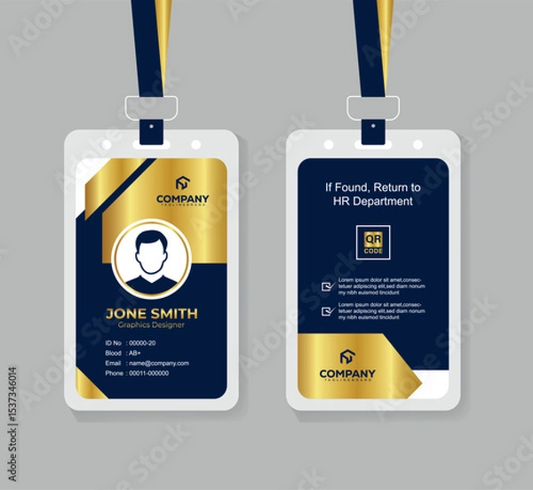 Obraz Premium Navy Blue and Gold ID Card Template with QR Code for Corporate Employees and Staff Identity