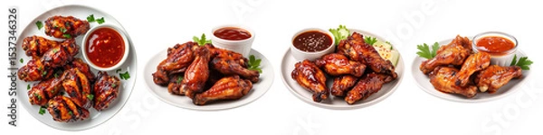 Fototapeta Collection of grilled chicken wings with sauce on plates, isolated on a transparent background