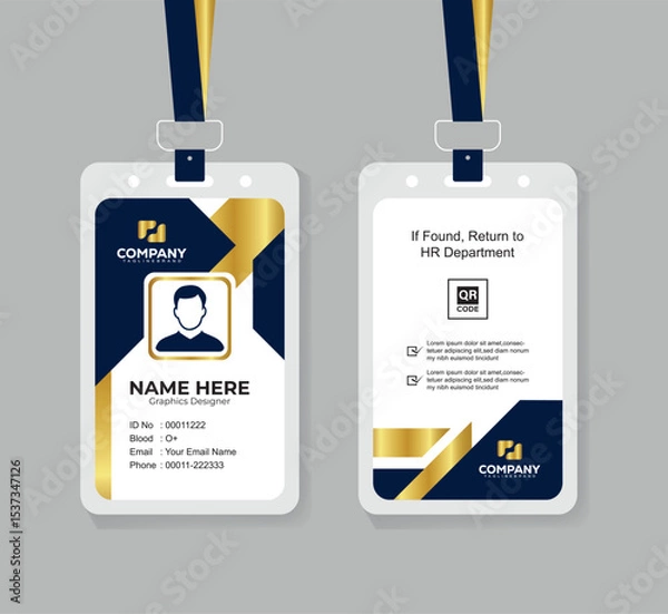 Obraz Premium Navy Blue and Gold ID Card Template with QR Code for Corporate Employees and Staff Identity