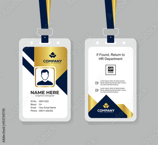 Obraz Premium Navy Blue and Gold ID Card Template with QR Code for Corporate Employees and Staff Identity