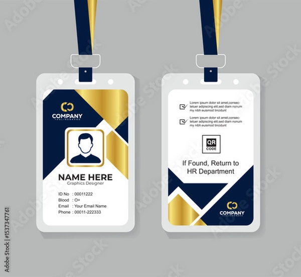 Obraz Premium Navy Blue and Gold ID Card Template with QR Code for Corporate Employees and Staff Identity