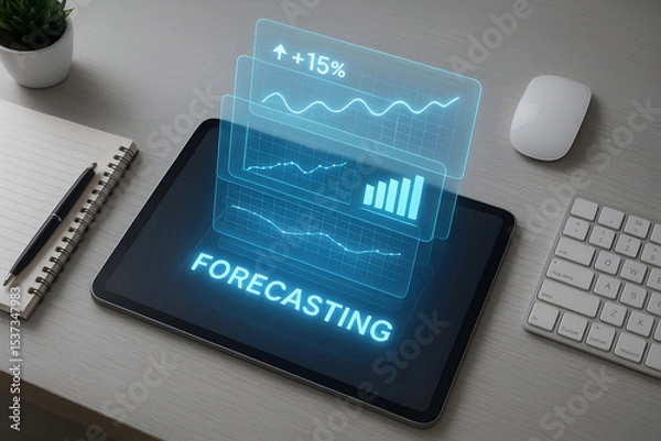 Obraz Business forecasting concept depicting financial growth and analytics with digital charts on a tablet computer at a workplace desk