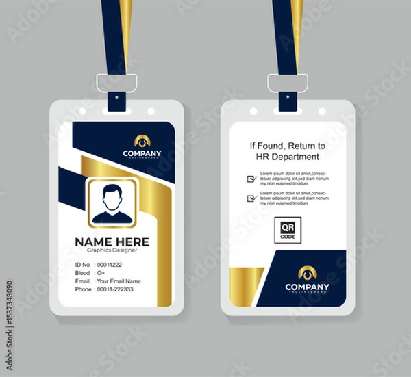 Obraz Premium Navy Blue and Gold ID Card Template with QR Code for Corporate Employees and Staff Identity