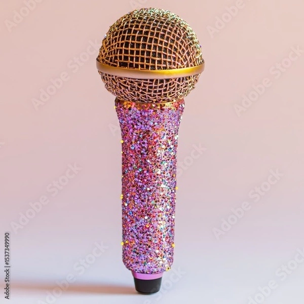 Obraz A glittery, colorful microphone stands upright against a soft gradient background, combining sparkle with a sleek, modern design.