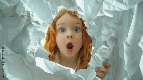 Fototapeta Little girl looking through a hole in paper wall. Portrait of a child sneaky peaky with a suprise face looking through a broken paper wall