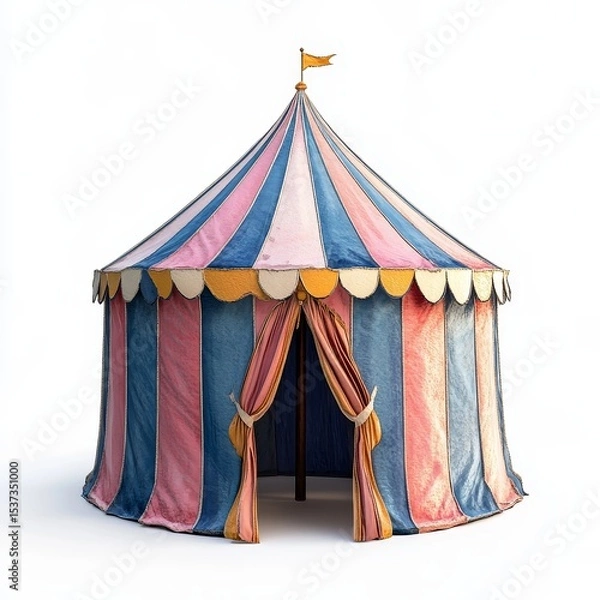 Obraz Striped pink, blue, and yellow circus tent with open entrance, isolated on white, ideal for carnival or fairground themes.

