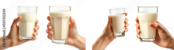 Fototapeta Collection of hands holding glasses of milk, isolated on a transparent background