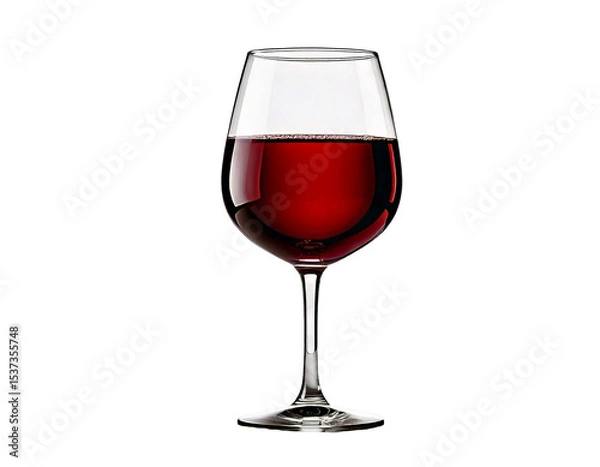 Fototapeta Isolated, elegant wine glass filled with rich red wine, displayed on a clean white background. The clear glass texture enhances light reflections, emphasizing purity, contrast, and visual clarity for 