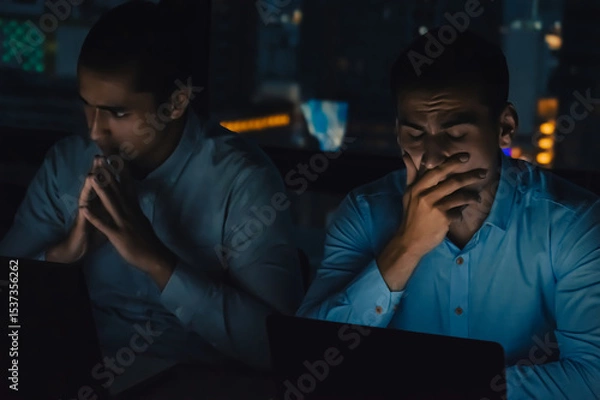 Obraz Two anxious professionals focus intently on their laptops in a dimly lit office during long working hours.