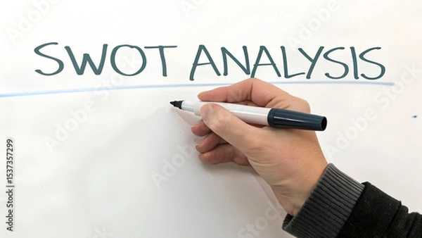 Obraz Hand writing swot analysis on a whiteboard with a marker for business strategy and planning